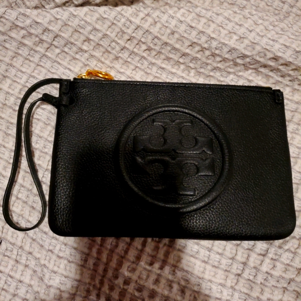 Tory Burch Black Pebbled Leather Wristlet with Gold Accent